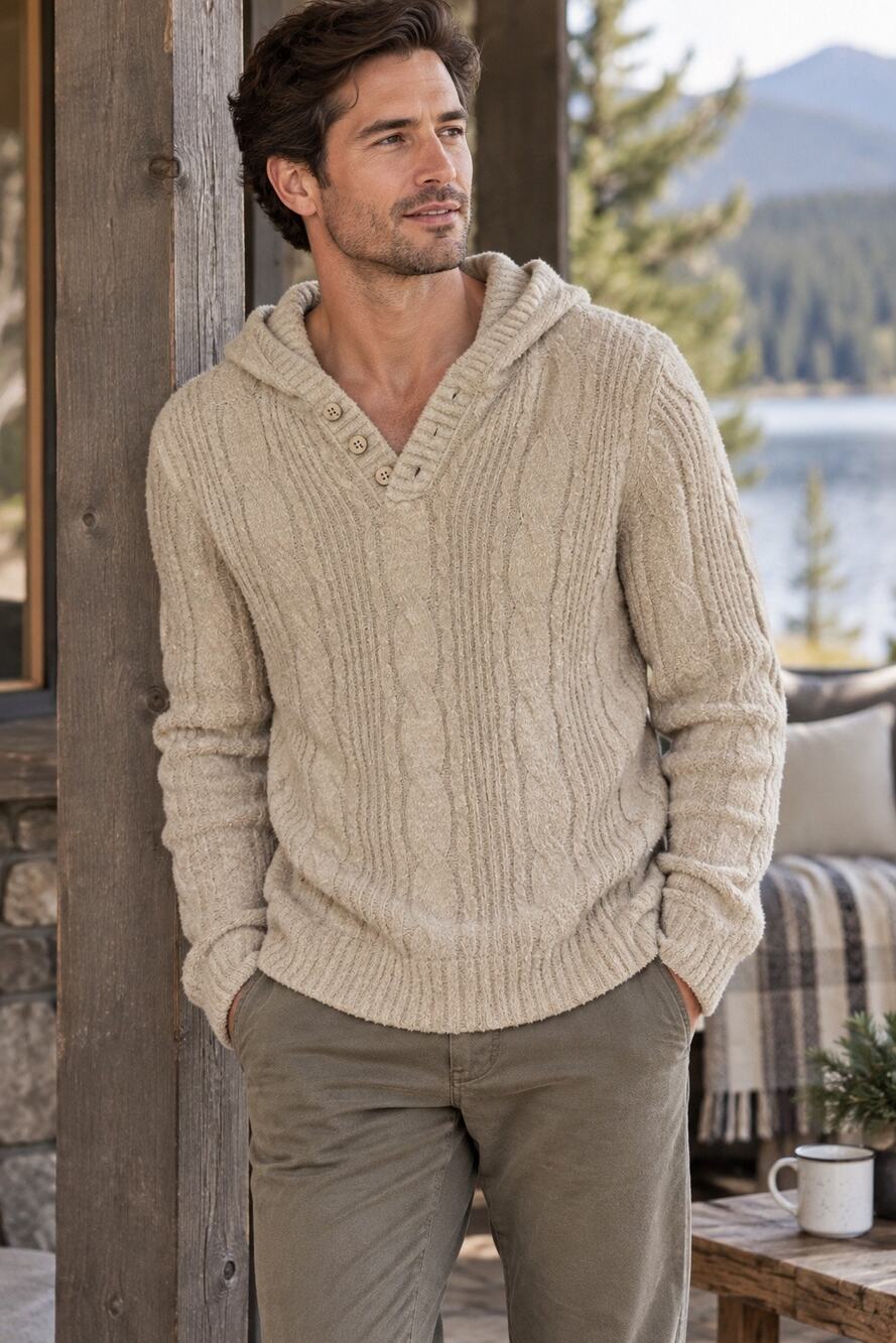 Barefoot Dreams CozyChic Lite Cable Knit Hooded Sweater Beige M Luxe Casual